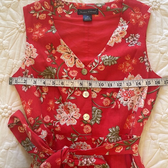 Jessica Howard Red Sleeveless Linen Floral Button Down Dress 6P - Picture 10 of 12